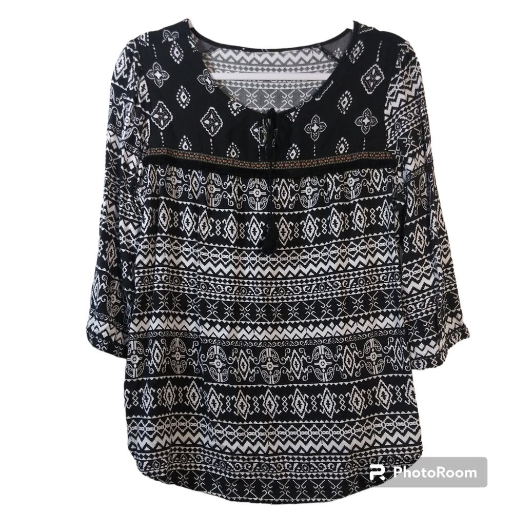 Cato Black & White Aztec Black Embroidered Fringe Stripe Long Sleeve Blouse M